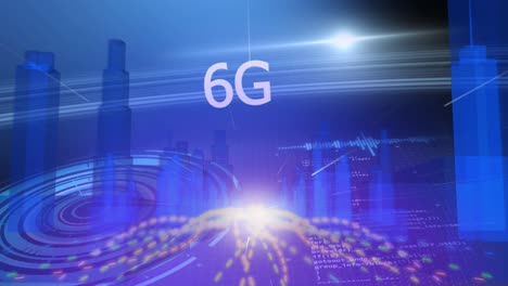 animation of 6g text and glowing light trails with futuristic blue city in background