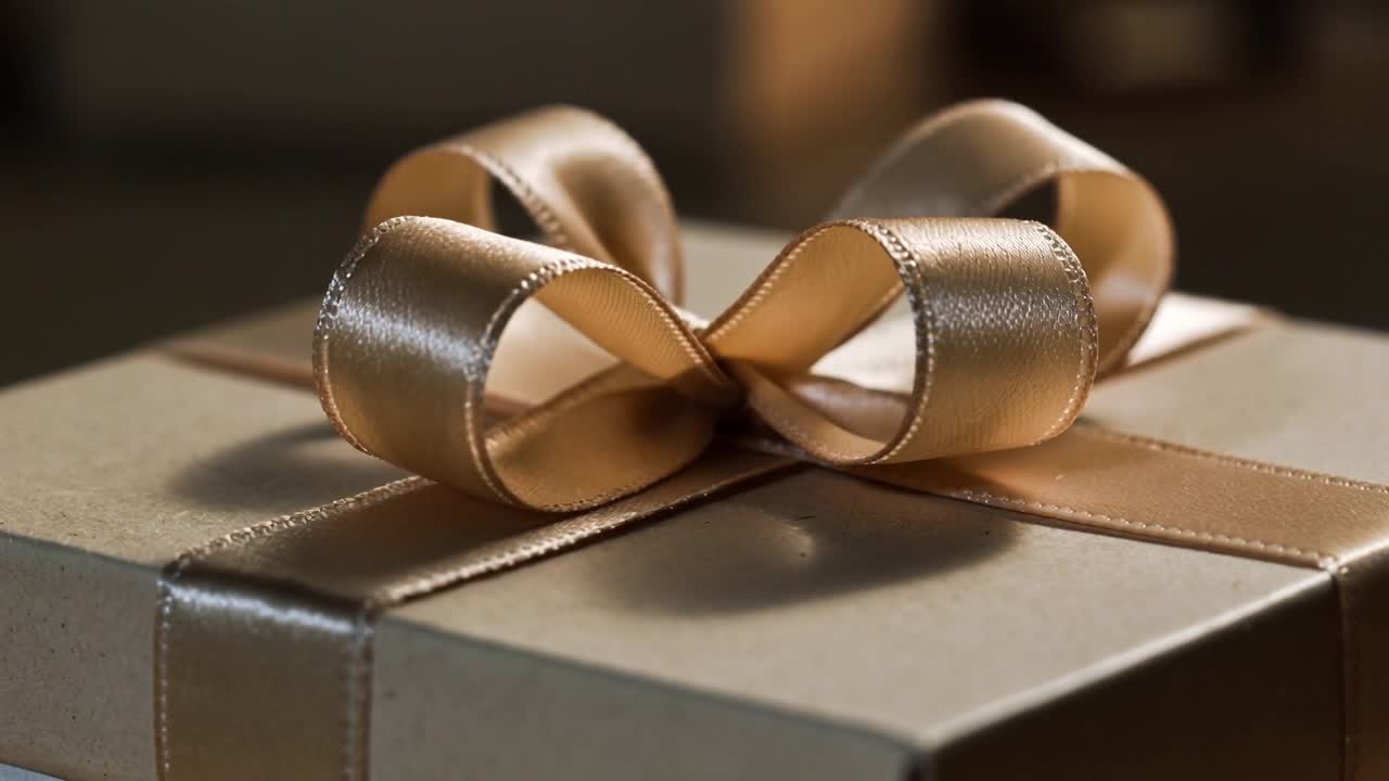 Opening shot holding champagne gift box on lit table, highlighting metallic ribbon bow sheen