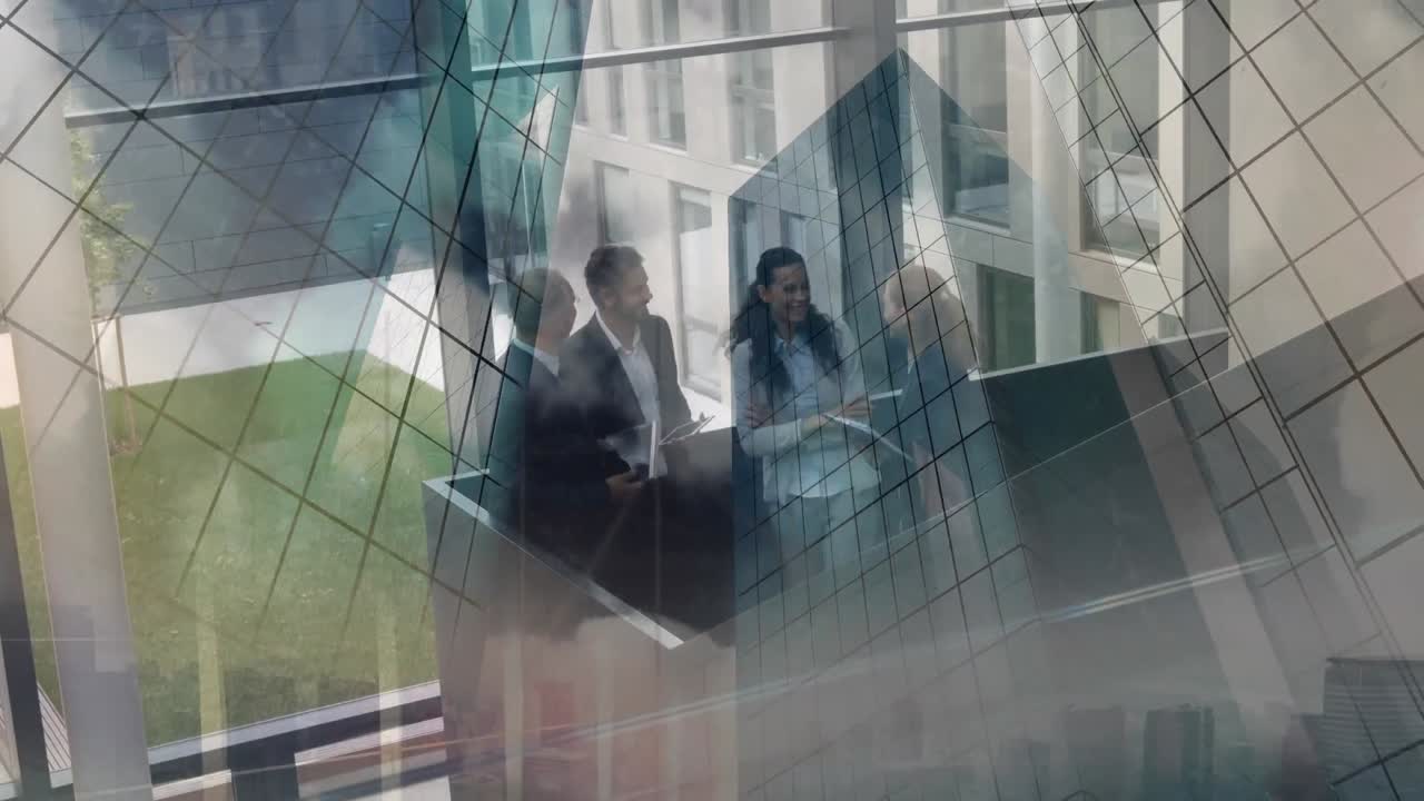 Animation of office building over business people talking in modern office