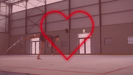 animation of neon heart over biracial woman exercising with hula hoop