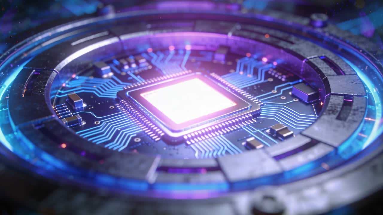 Firkantet processor-die, der oplyser kernen til test, mens kameraet zoomer ind, med blå spor.