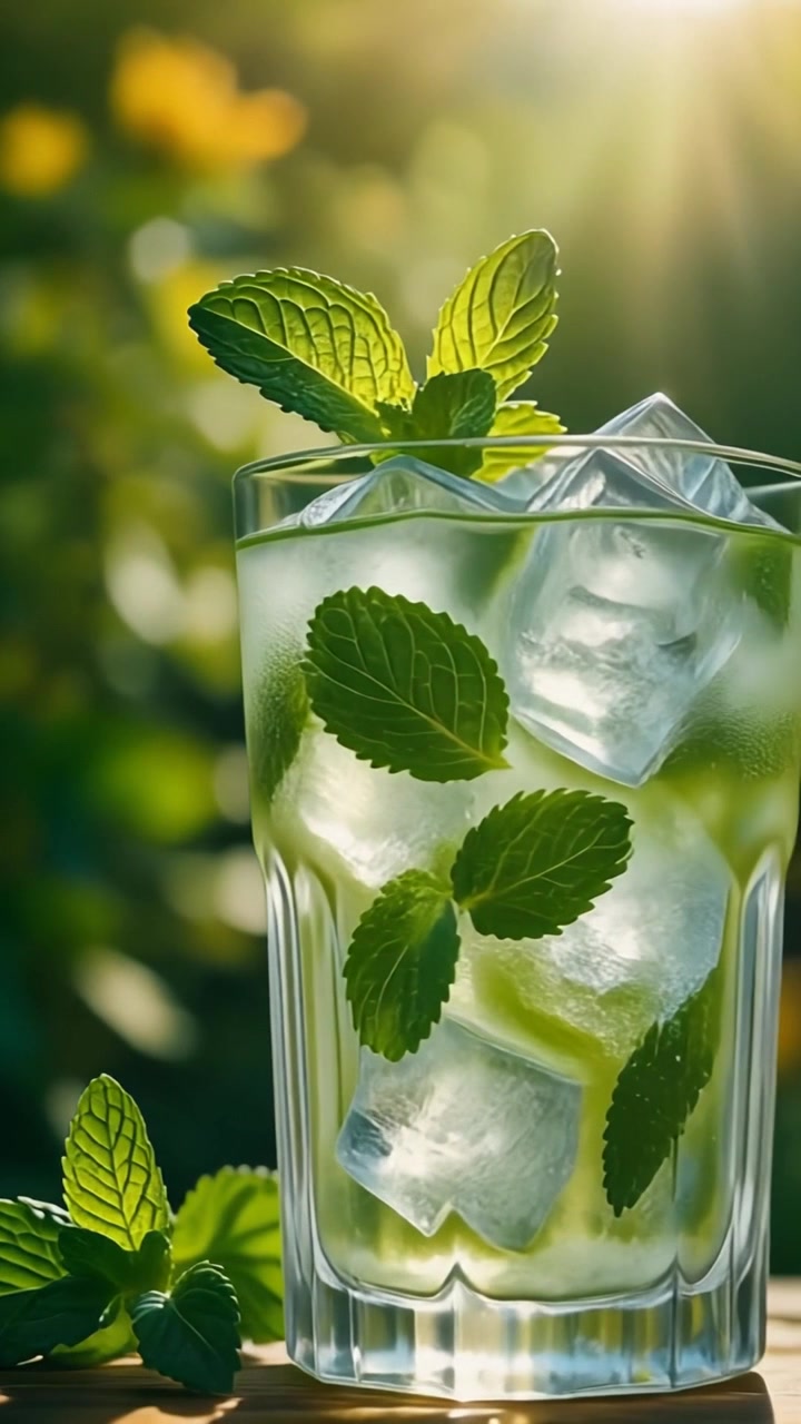 Virkistävä Mojito-cocktail tuoreella mintulla ja jäällä auringonvalossa