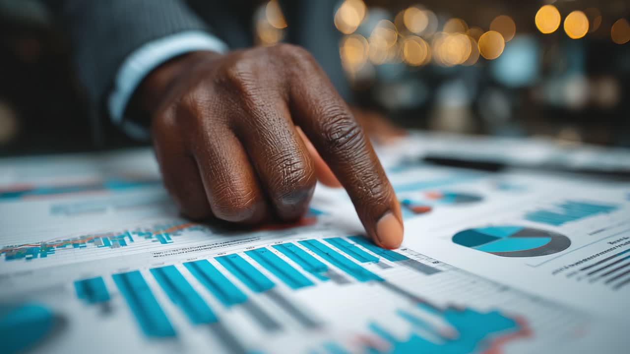 Et nærbilde av en forretningsperson som analyserer detaljerte finansielle grafer og datadiagrammer for å utlede innsikt og ta informerte beslutninger i et dynamisk miljø.