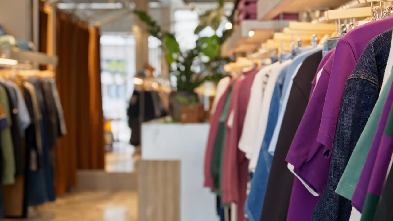 Close up of multiple clothes hanging on a rack in a hipster clothing store