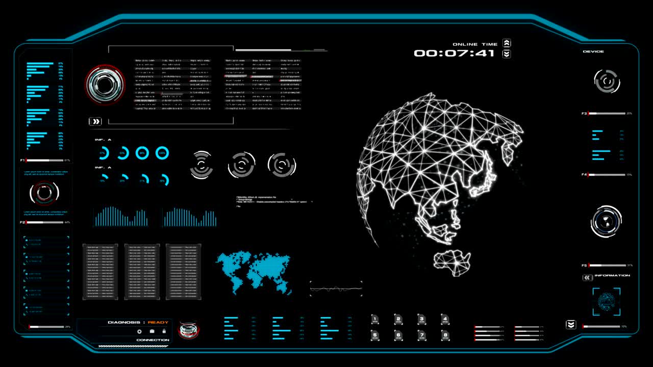4K Animation of user interface HUD globe world spinning on dark background for cyber futuristic concept with grain processed