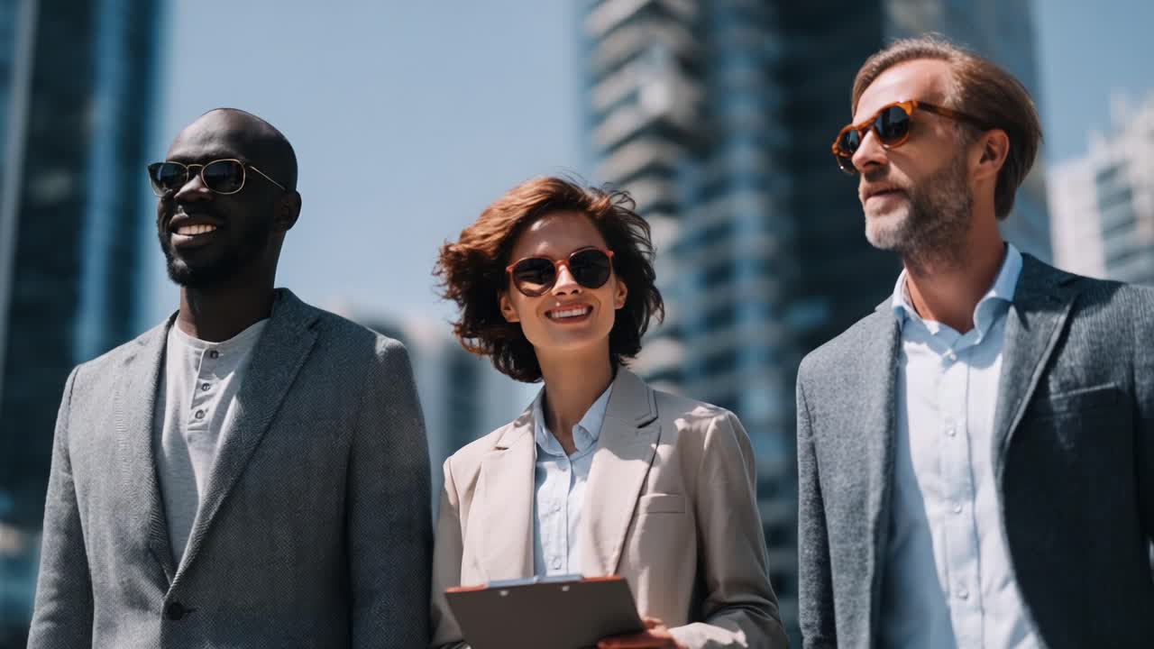 A Confident Group of Stylish Professionals Walking Together in a Modern Urban Setting, Showcasing Teamwork and Connection in Business Attire with Sunglasses