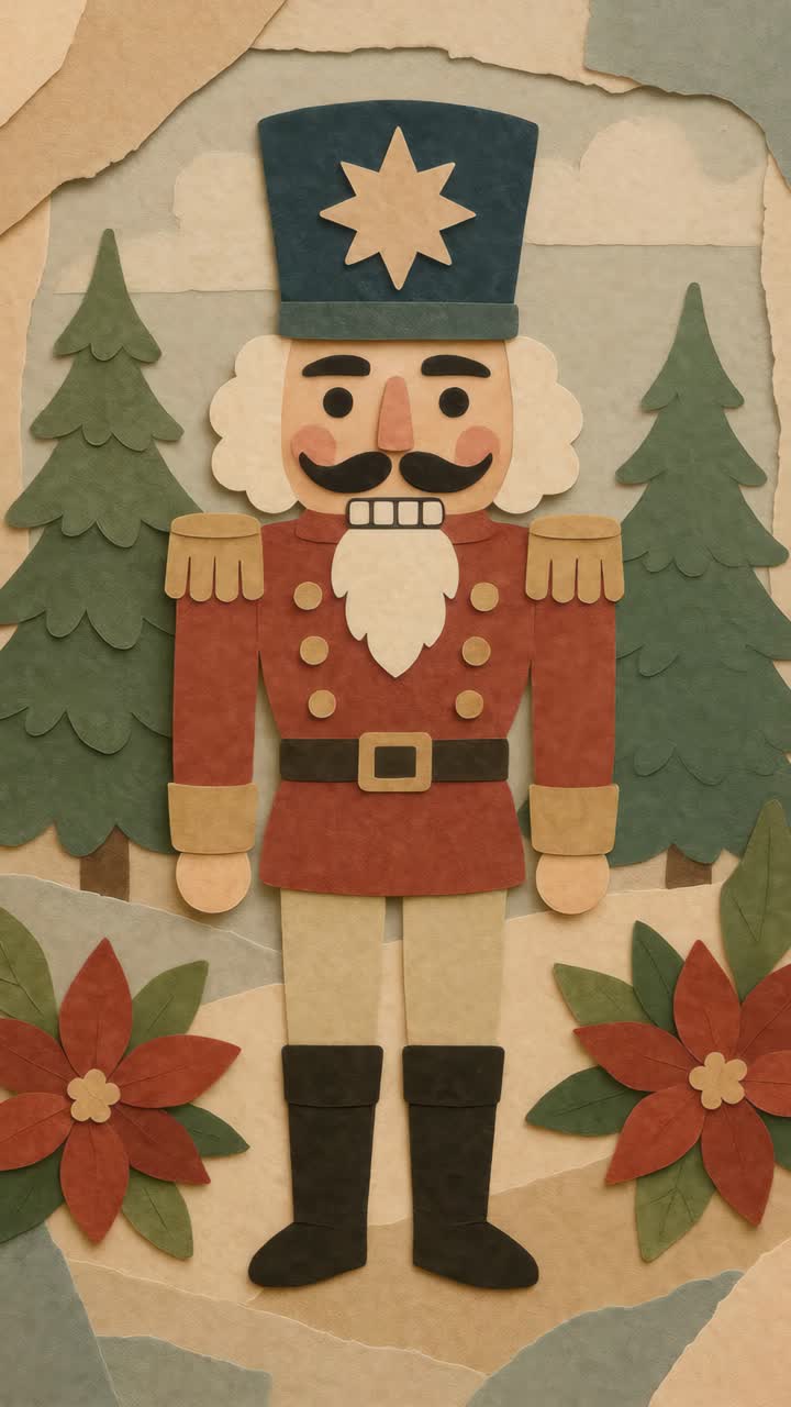 Whimsical nutcracker soldier crafted from textured paper, shot from a top-down angle