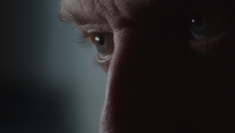 extreme close-up male eyes in dramatic light as he nods and shakes head