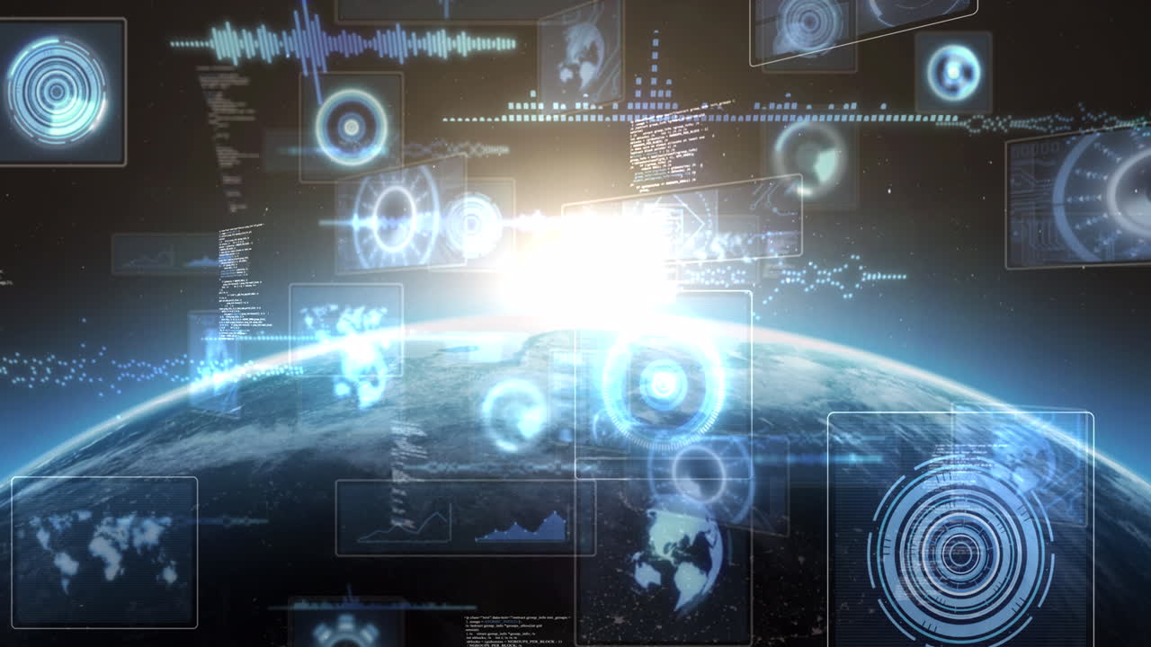 빛나는 지평선과 함께 지구상의 화면에서 스캔 및 데이터 처리 스 ⁇ 의 애니메이션