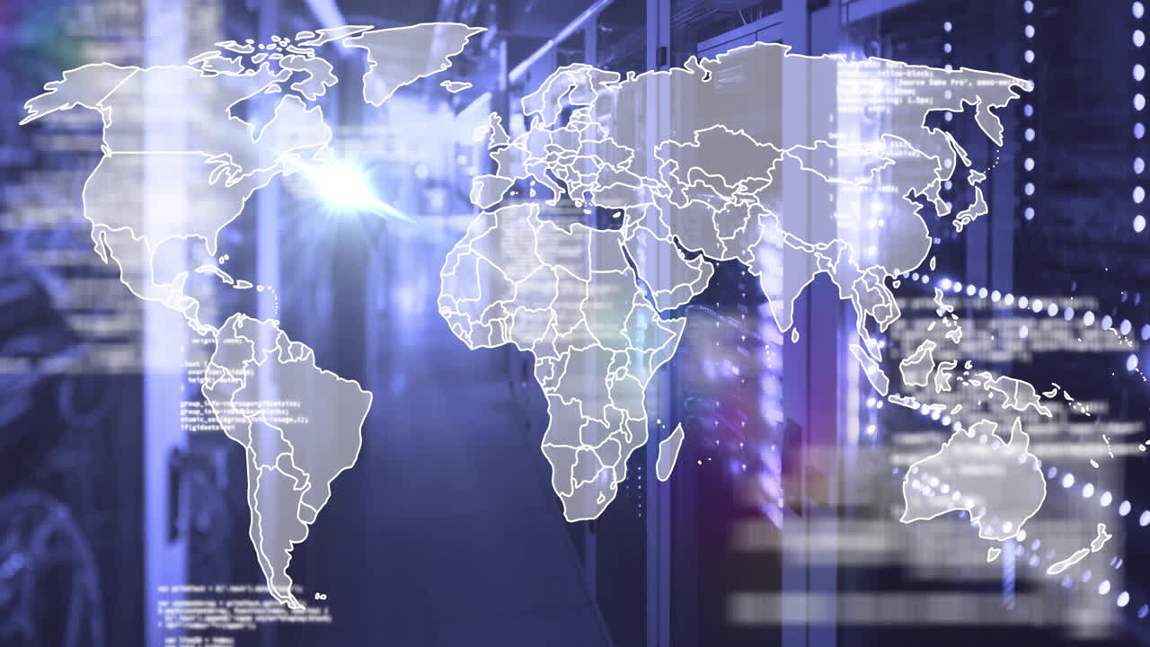 World map overlay on data center servers with digital connections animation