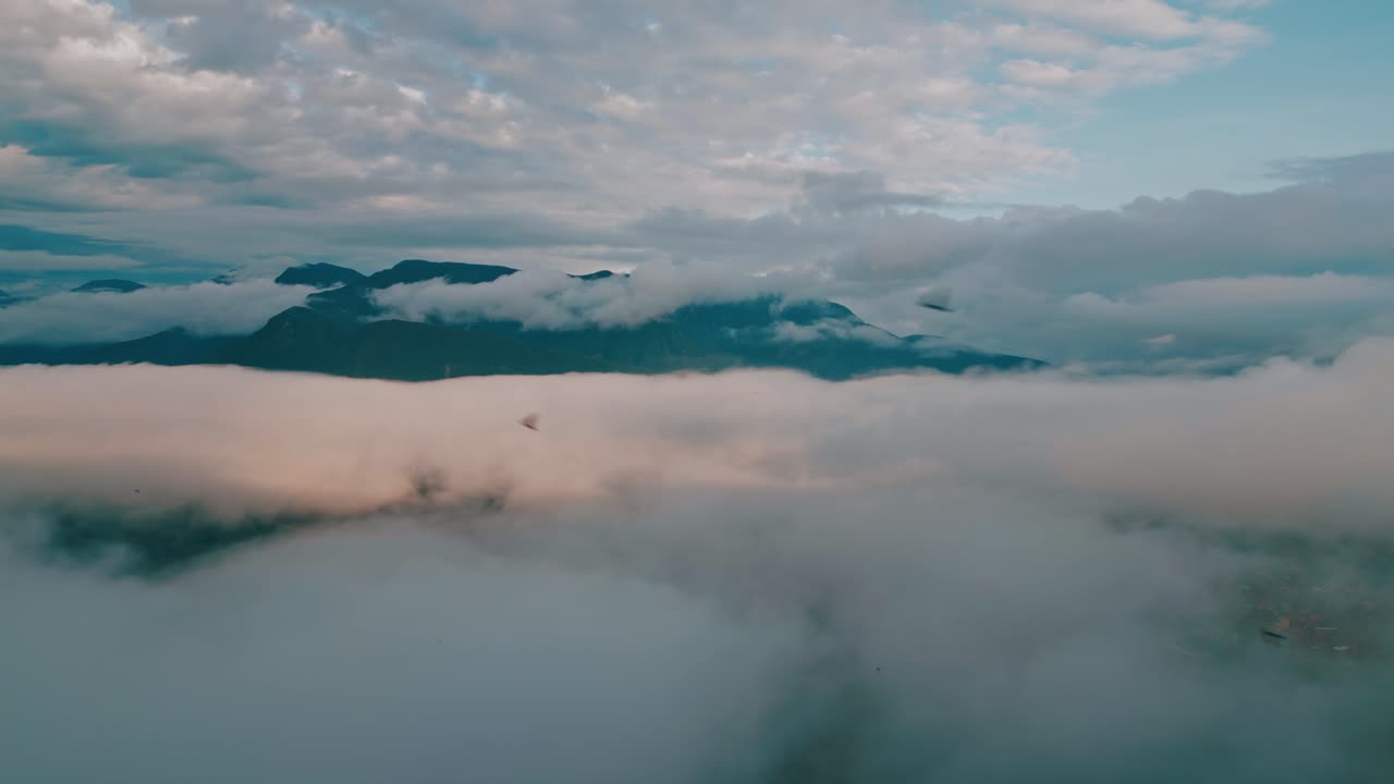 Sweep through the clouds in this mesmerizing drone footage, as birds gracefully pass by and majestic mountain peaks rise in the background, framing the lush Yungas cloud forest below beautifully