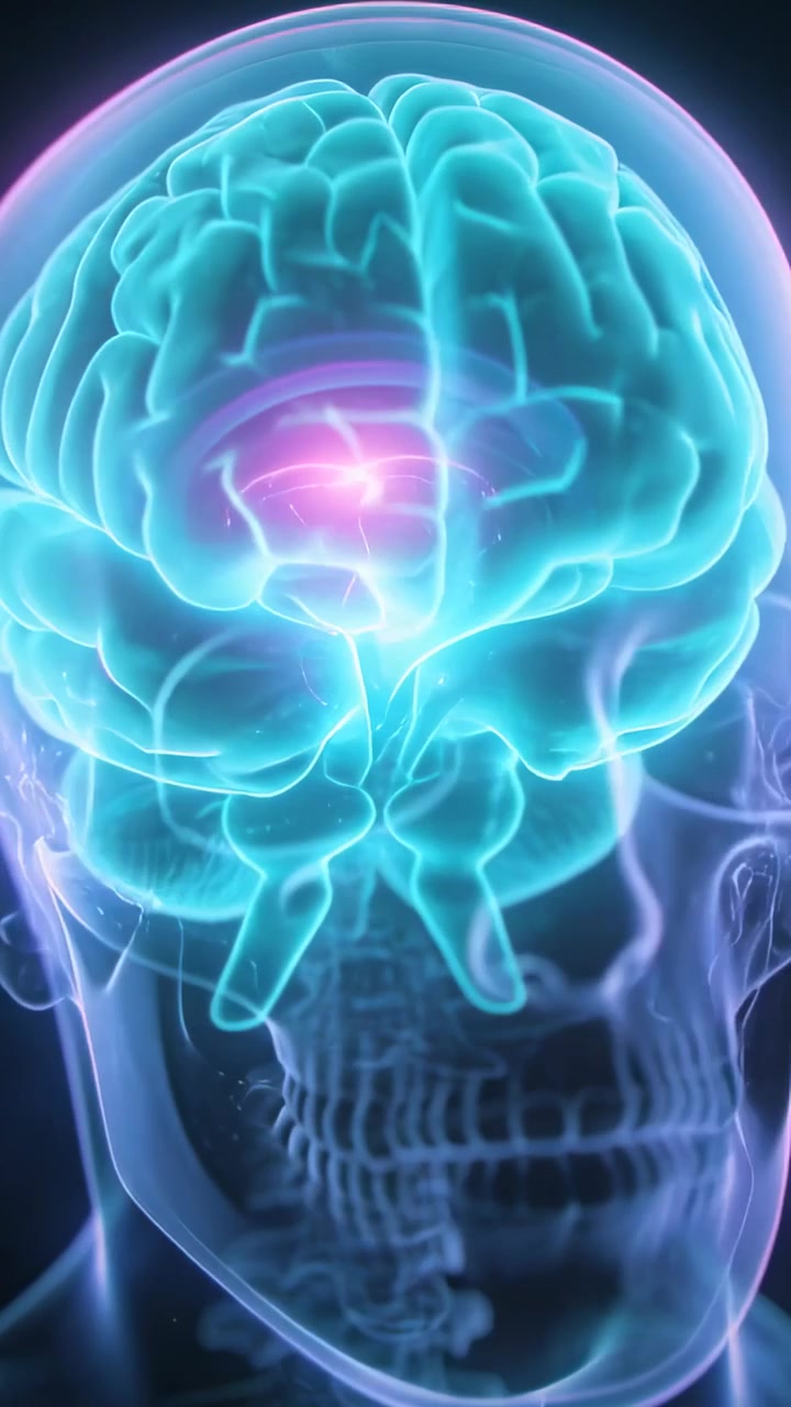Vertical video: Animating xray head rotating to front on black revealing cyan brain and purple glow