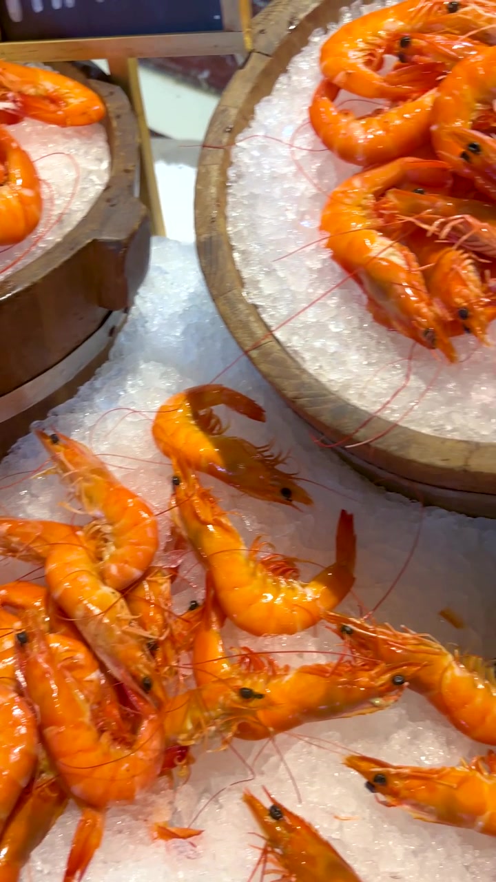 Kamera close-up bergerak melintasi udang oranye dingin yang disajikan di atas es serut