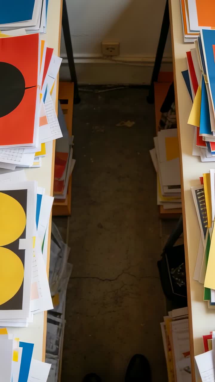 Video verticale: persona che entra e si ferma all'ingresso di un corridoio in uno studio di stampa, esaminando stampe colorate.