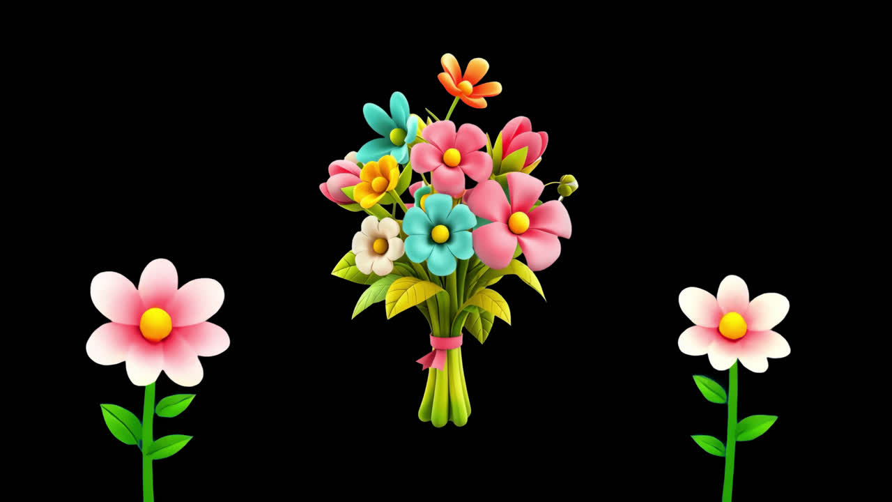 Colorful floral bouquet illustration animation isolated asset, transparent 4K video, alpha channel