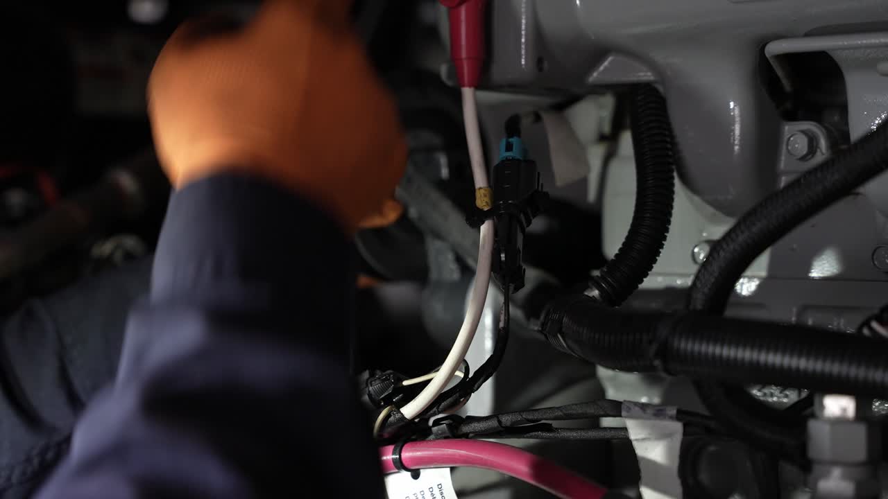 cierre de mecánico con guantes naranjas trabajando con una llave inglesa en un motor de remolque frigorífico en un taller de reparación de camiones y remolques 4k