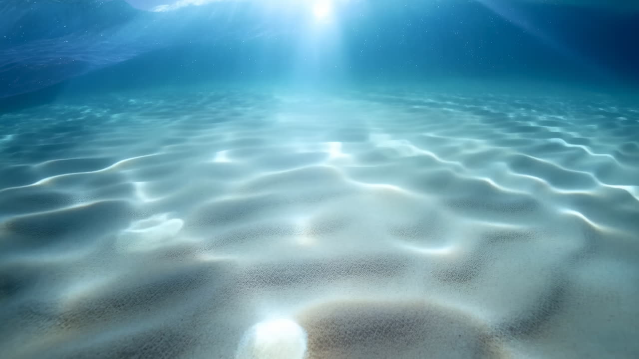 浅い日光の下、波紋のある砂の海底。砂丘の輪郭を描く繊細な光の模様と、穏やかな潮流が形作る様子