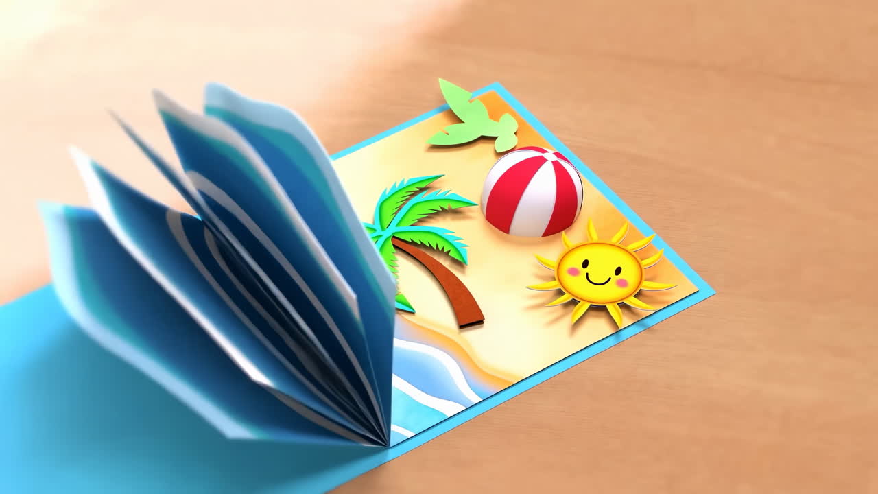 Biglietto pop-up che si apre per rivelare una scena estiva da spiaggia
