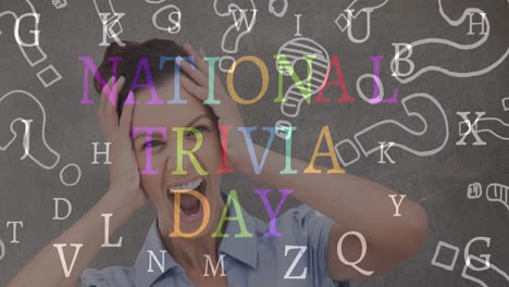 National-trivia-day-text-banner-and-multiple-question-mark-icons-over-frustrated-female-teacher