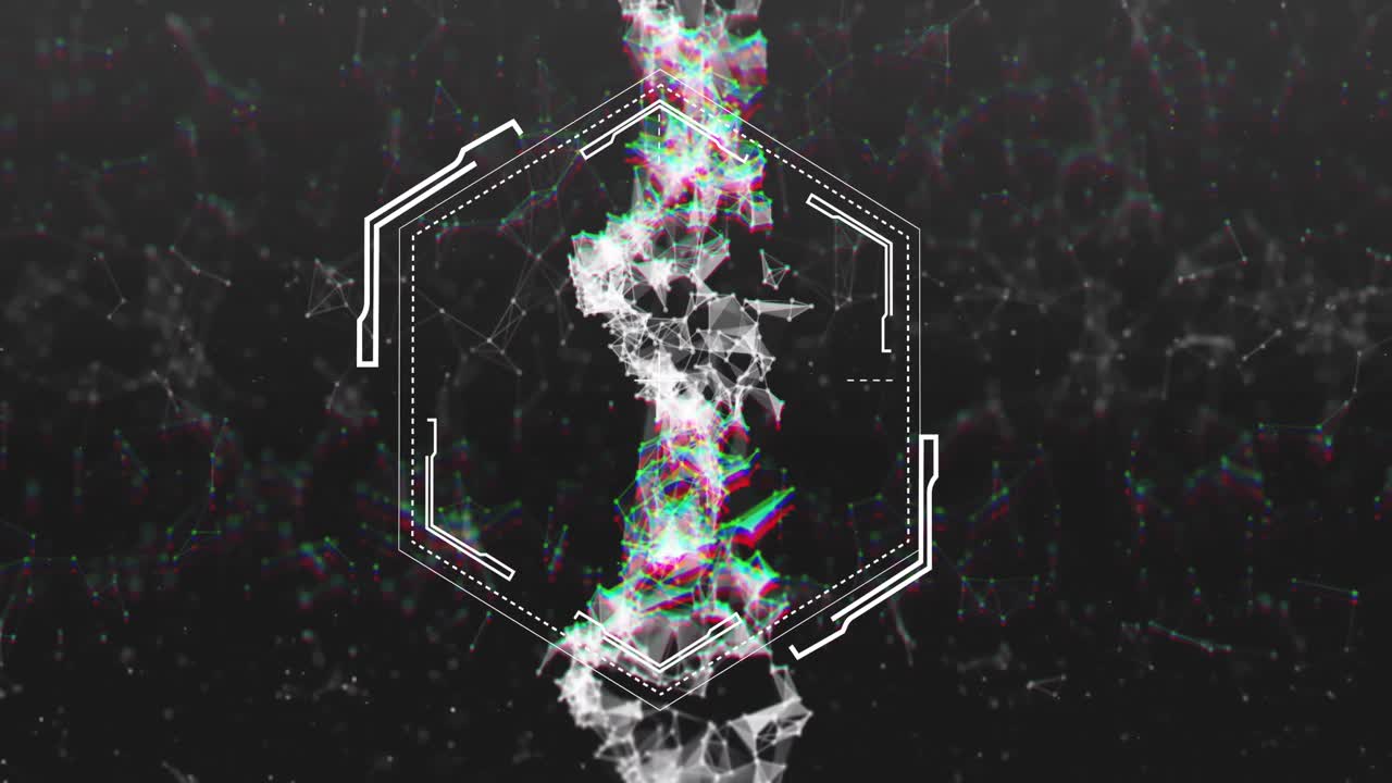 검은 바탕에 있는 육각형 모양, 회전하는 dna 구조 및 연결 네트워크의 애니메이션