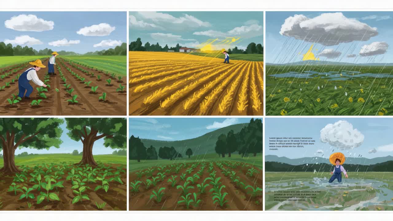 Un viaggio attraverso le stagioni agricole: Dalla semina alla raccolta, che mostra il ruolo vitale delle condizioni meteorologiche nella crescita e prosperità dei raccolti