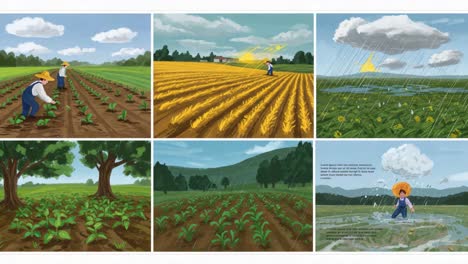 a journey through agricultural seasons: from planting to harvesting, showcasing the vital role of weather conditions in crop growth and prosperity