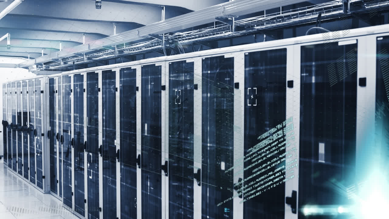 Animation of light spot and screens with data processing over computer server room