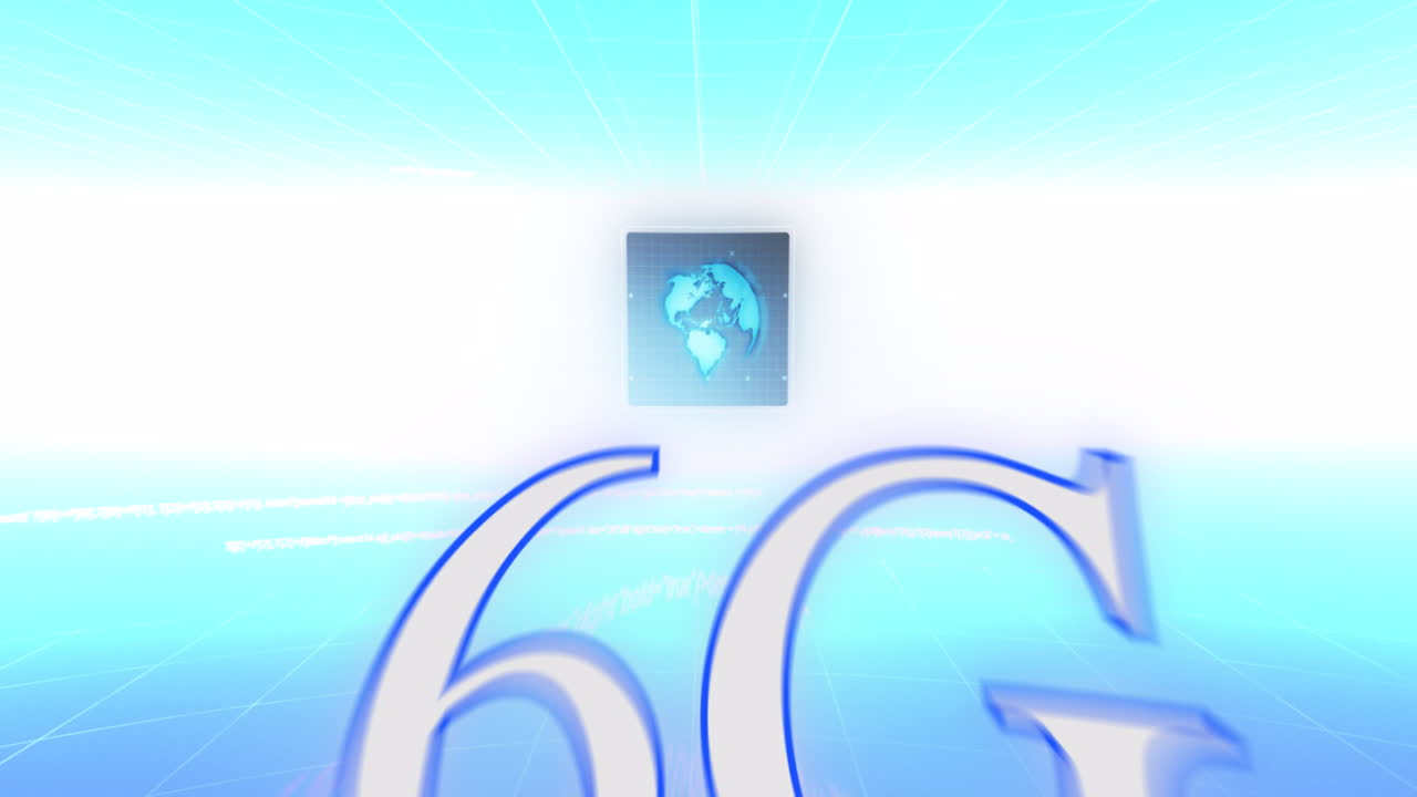 animación de texto de 6g, procesamiento de datos y globo en pantallas sobre fondo de gradiente azul y blanco