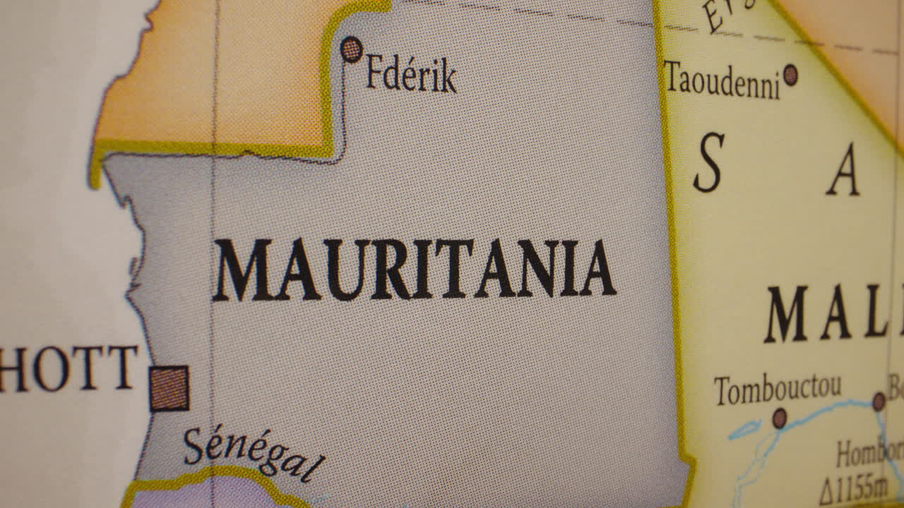 Close-up view of Mauritania on a world map