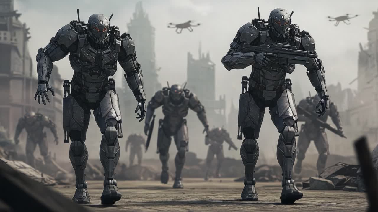 In a dystopian landscape, armored robots advance with precision, preparing for combat amidst a futuristic battleground filled with debris and hovering drones