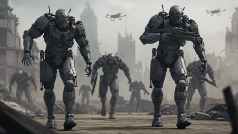 in a dystopian landscape, armored robots advance with precision, preparing for combat amidst a futuristic battleground filled with debris and hovering drones