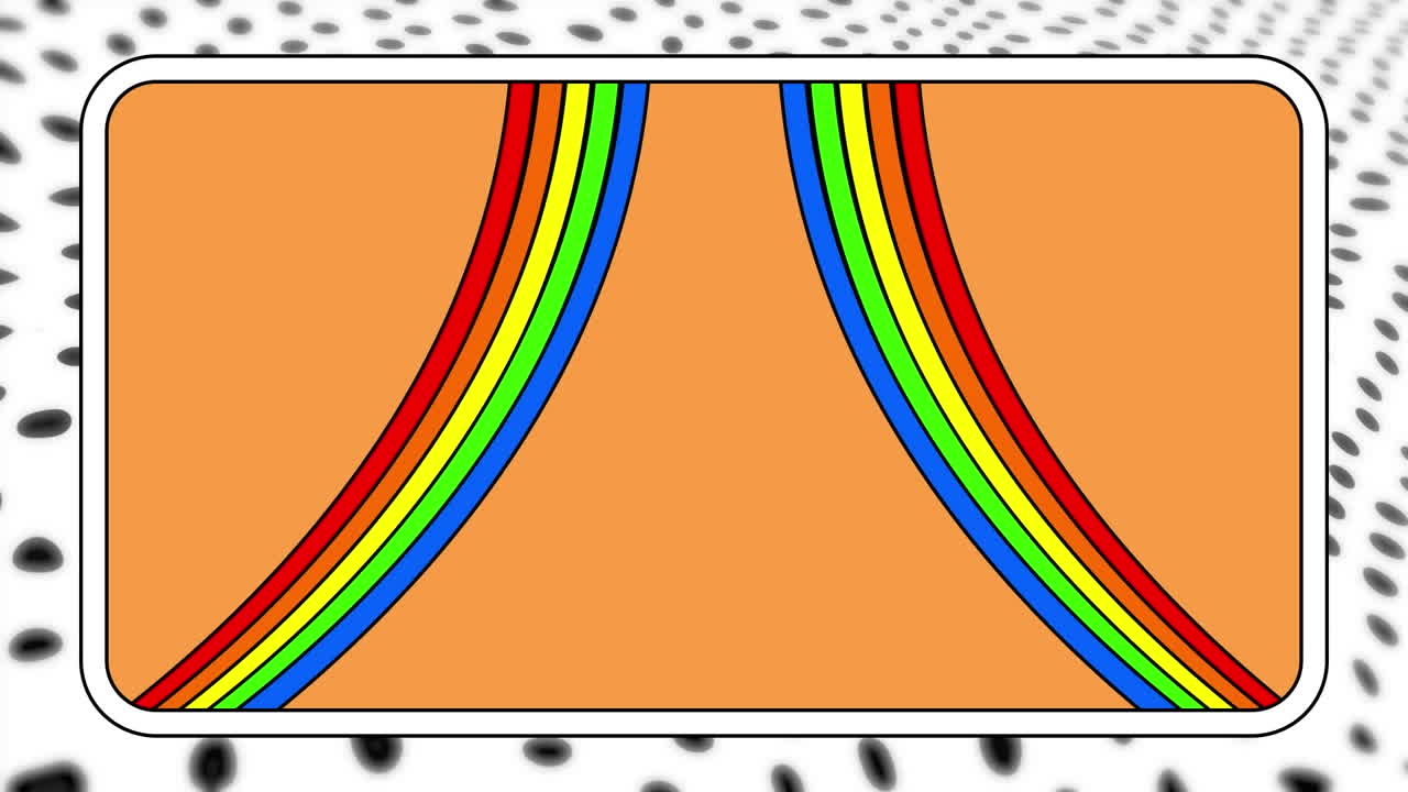 animación de líneas de arco iris en un rectángulo naranja sobre puntos negros en movimiento en blanco
