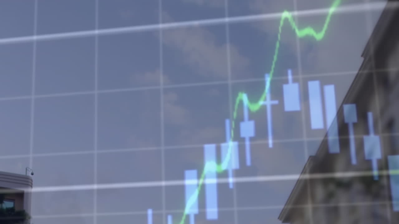 animación del procesamiento de datos financieros frente a la vista de un edificio alto y el cielo azul