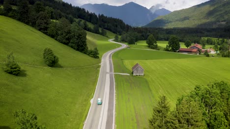 Following-Vintage-Camper-Van-on-Roadtrip-with-Beautiful-Aerial-View