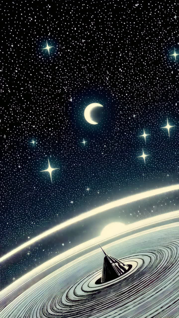 Cosmic Ascent from a Ringed Planet Under a Starry Sky