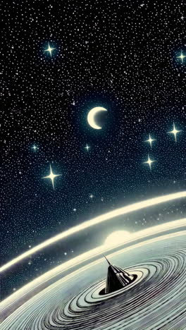 cosmic ascent from a ringed planet under a starry sky