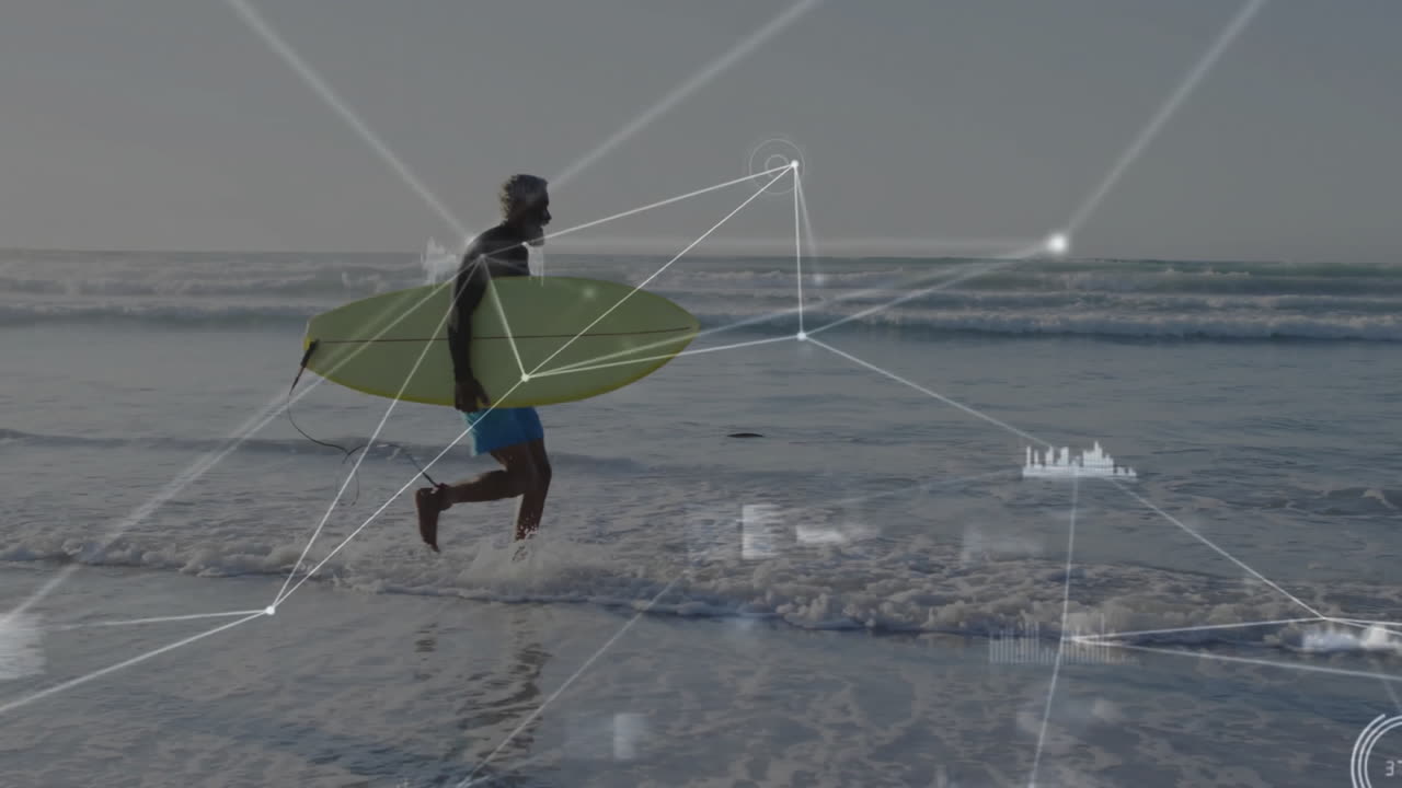 Surfer carrying green surfboard walking through surf with glowing network overlay highlighting tech