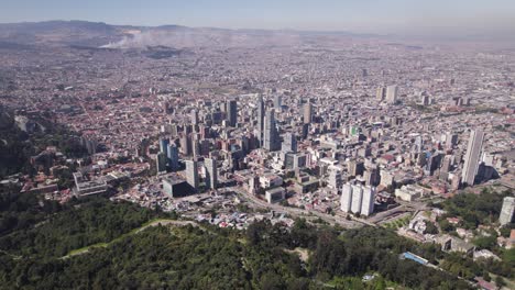 Panoramic-drone-shot-of-skyscrapers-in-downtown-Bogota,-sunny-day-in-Colombia