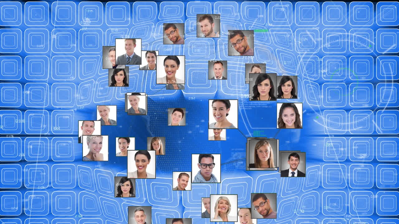 파란색 배경의 사각형 모양 디자인에 대한 프로필 아이콘의 전 세계를 스캔하는 범위