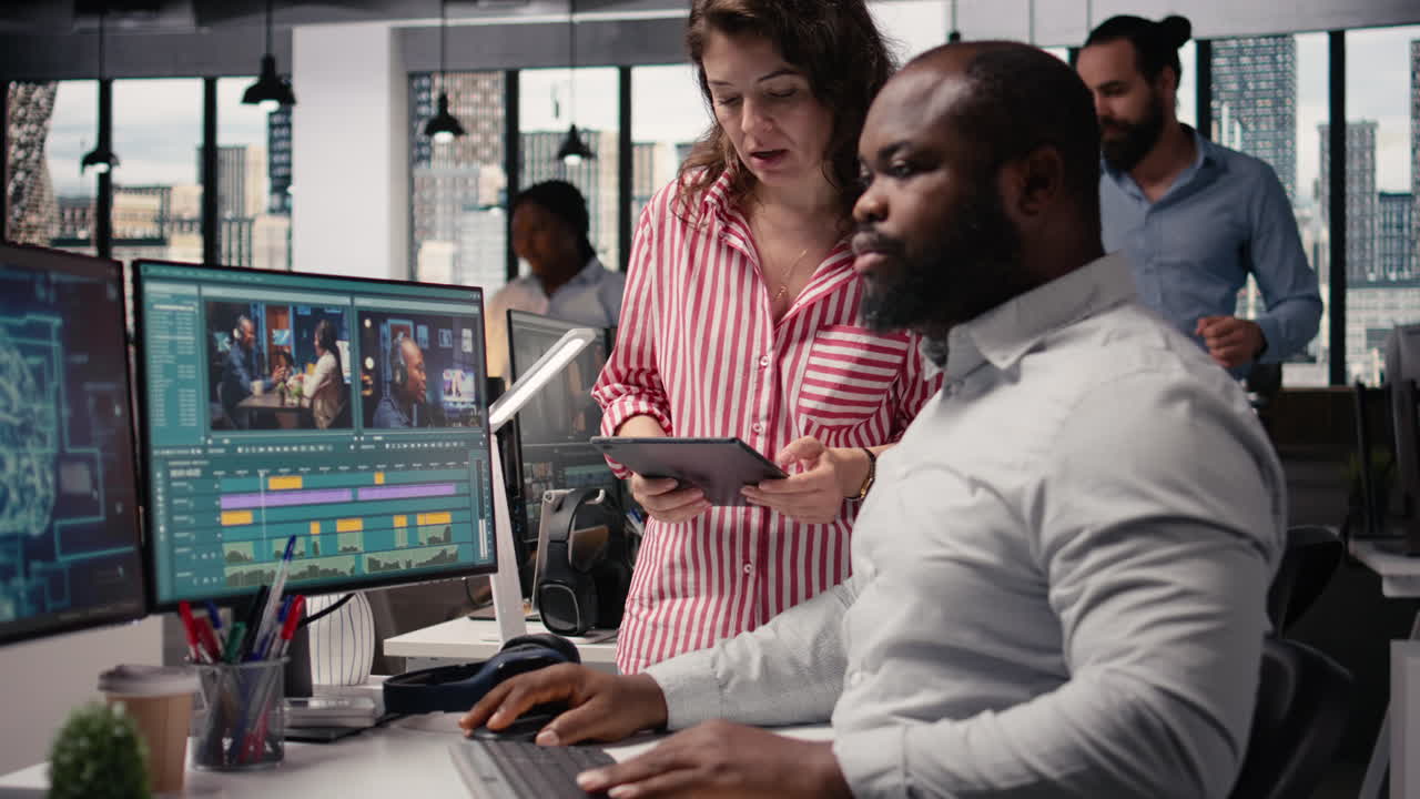 Videographers team using AI software tools for video editing on PC