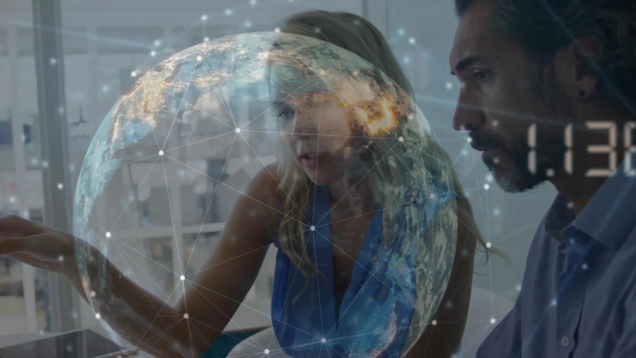 Woman tapping tablet and activating AR globe, overlaying nodes, data for tech team, man analyzing