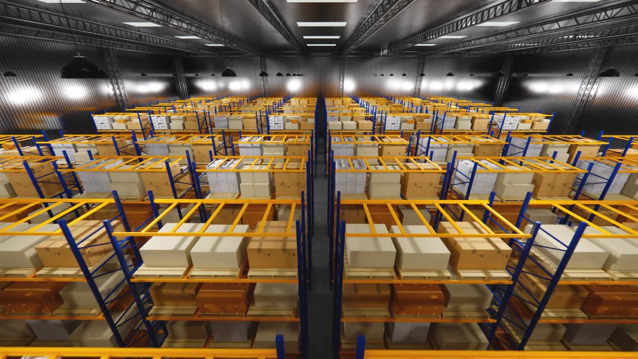 Warehouse with cardboard boxes inside on pallets racks, logistic center. Loft modern warehouse. Cardboard boxes on a conveyor belt in a warehouse, 4K 3D rendering  animation .