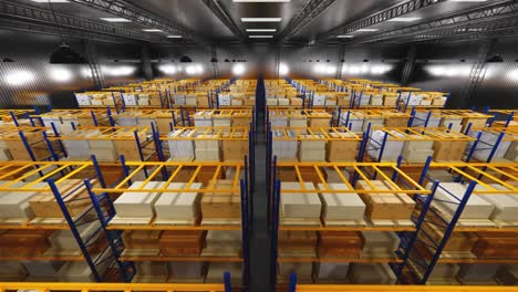 almacén con cajas de cartón en el interior en estantes de paletas, centro logístico. loft almacén moderno. cajas de cardboard en una cinta transportadora en un almacén, animación de renderización 4k 3d.