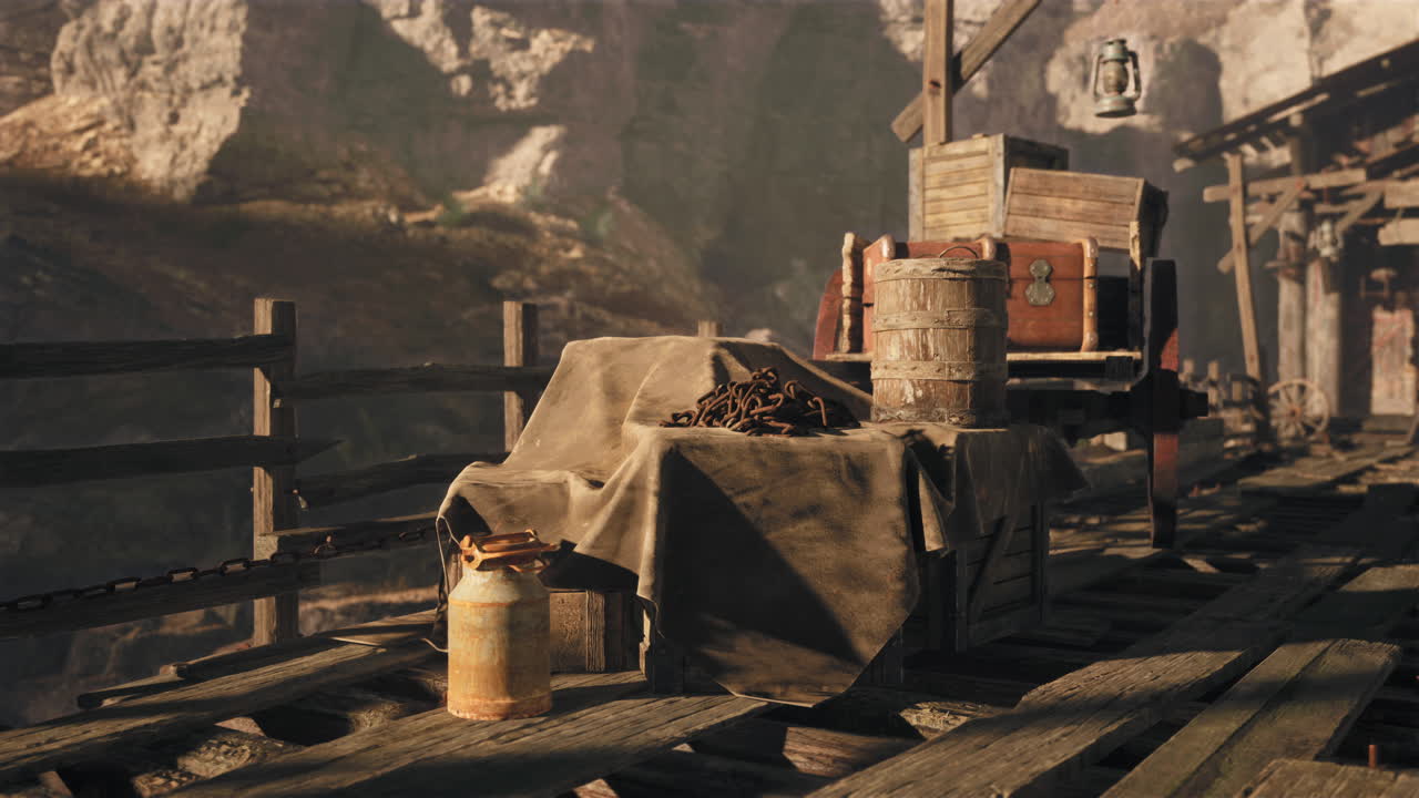 오래된 광산 카트가 나무 다리 위에 앉아 있으며, 녹은 금속 물체로 둘러싸여 있습니다.