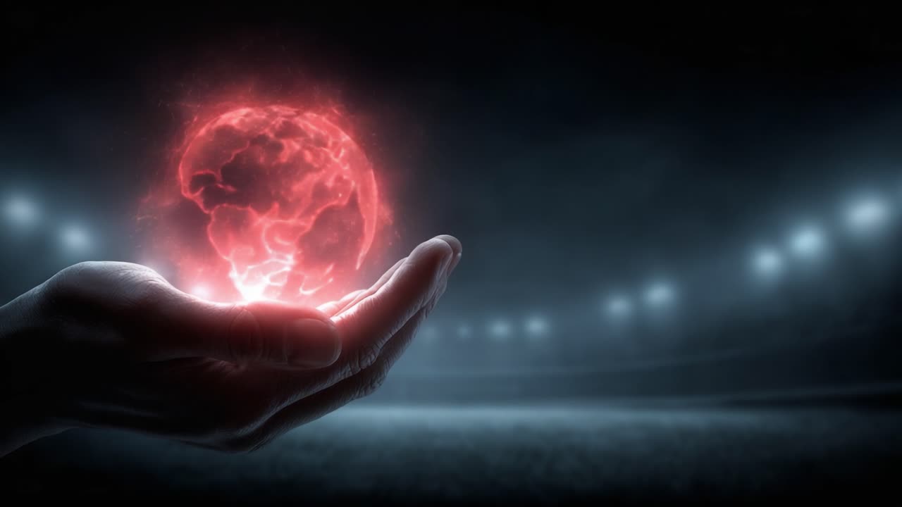Un globo rosso incandescente di energia e potere tenuto in una mano, che simboleggia forza e presenza in un moderno ambiente di arena sportiva.