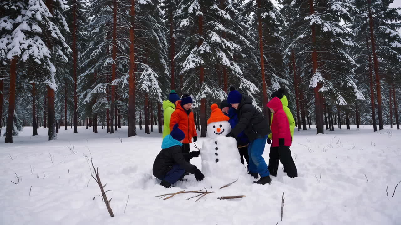 Children Building a Snowman in a Snowy Winter Forest
