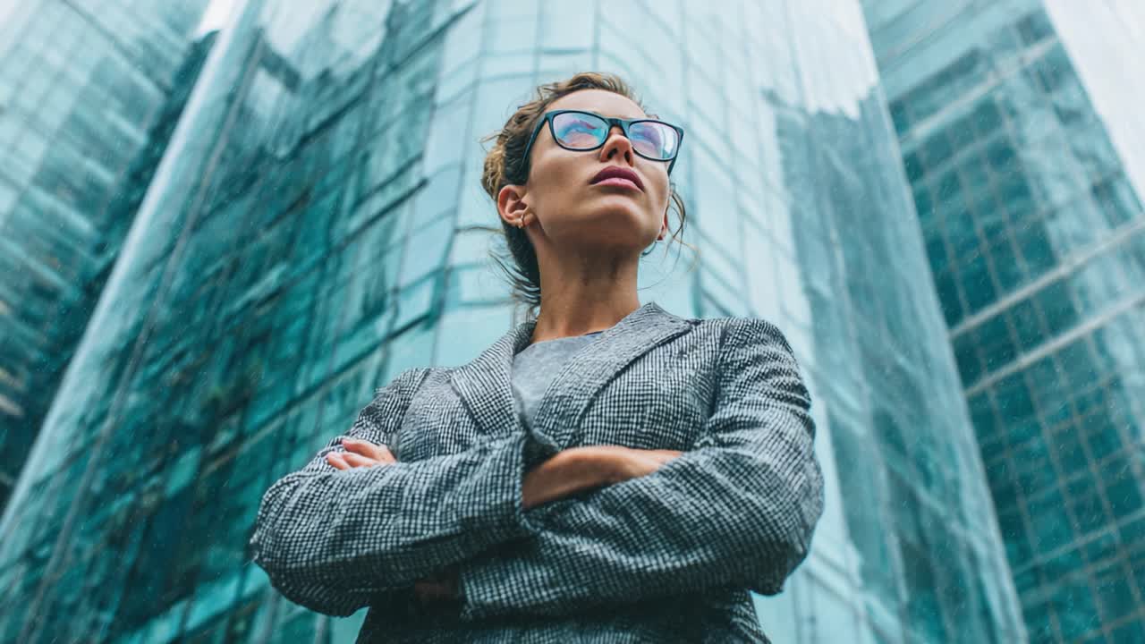 Confident Businesswoman Stands Tall Against Modern Glass Architecture, Exuding Empowerment and Professionalism in Urban Landscape