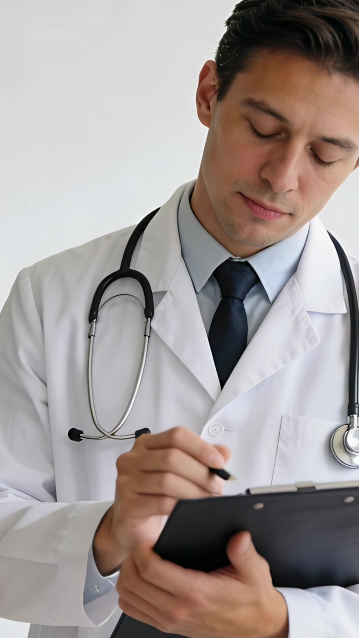Video verticale: Dottore che guarda la cartella clinica, prendendo appunti in clinica, in camice da laboratorio con stetoscopio.