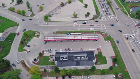 aerial view of semi truck tanker parked and brought fuel for gas station, location in vernon hills, illinois, usa