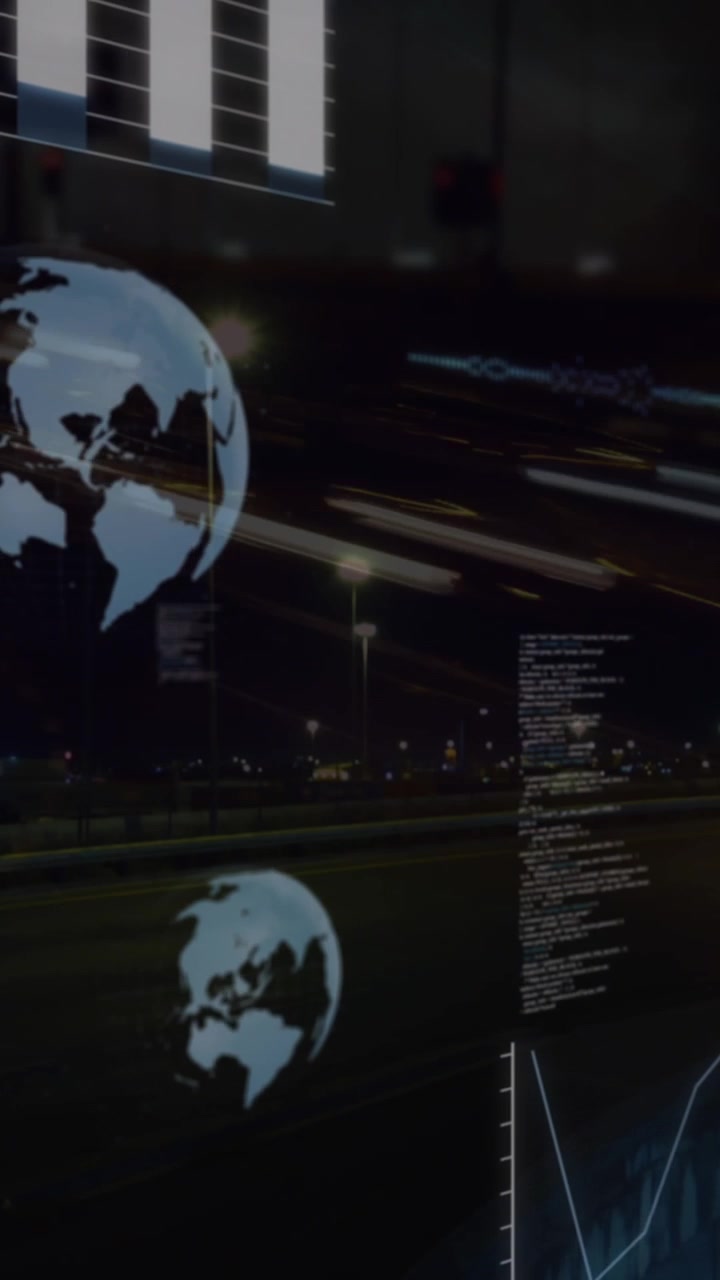 Animation of globes and financial data processing over cityscape